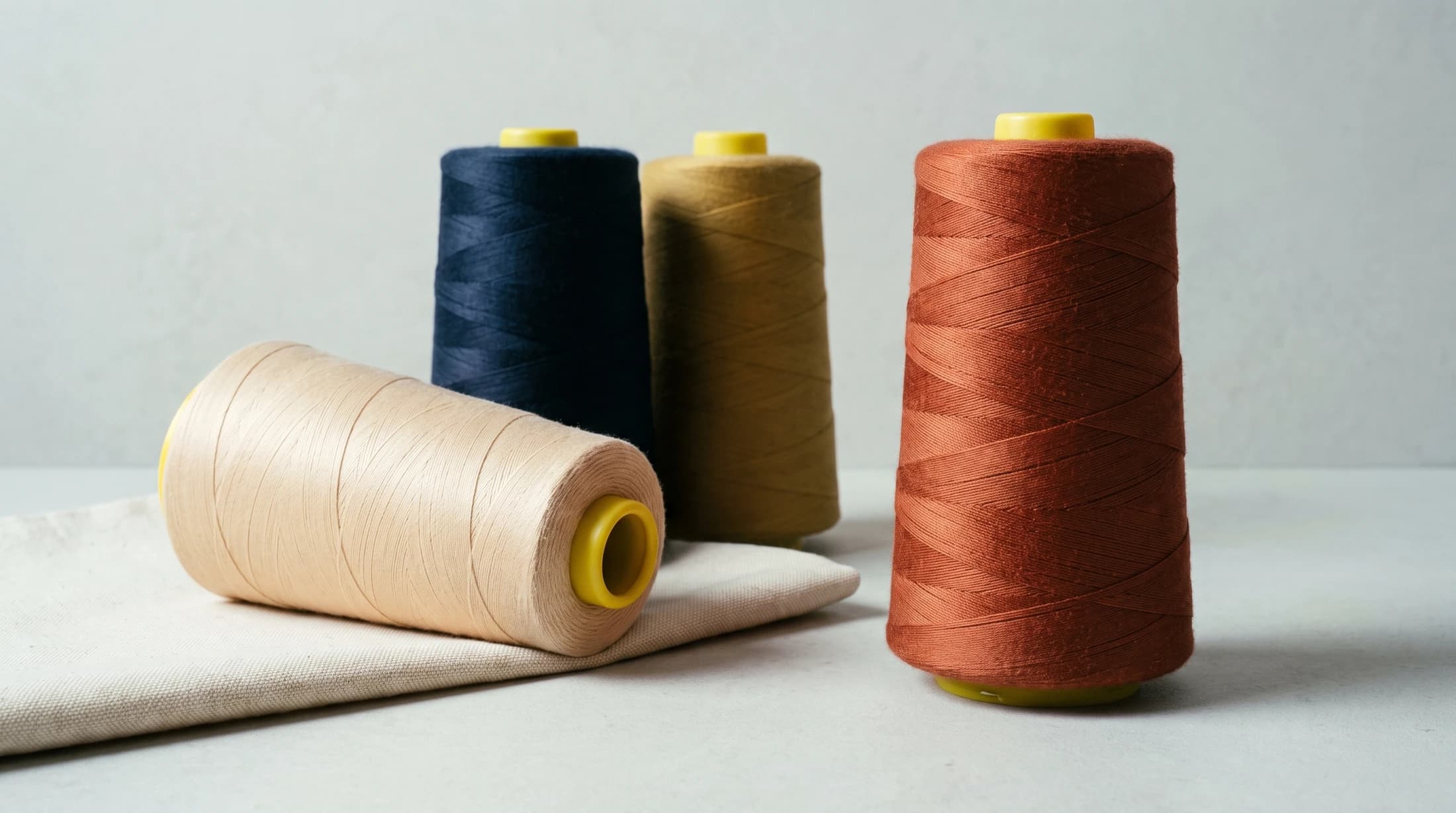 Editorial arrangement of sewing thread cones with natural woven fabric